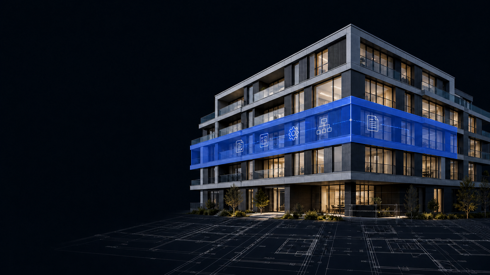 KI-generierte Architekturillustration eines modernen Mehrfamilienhauses mit eingebetteter blauer Automationsschicht