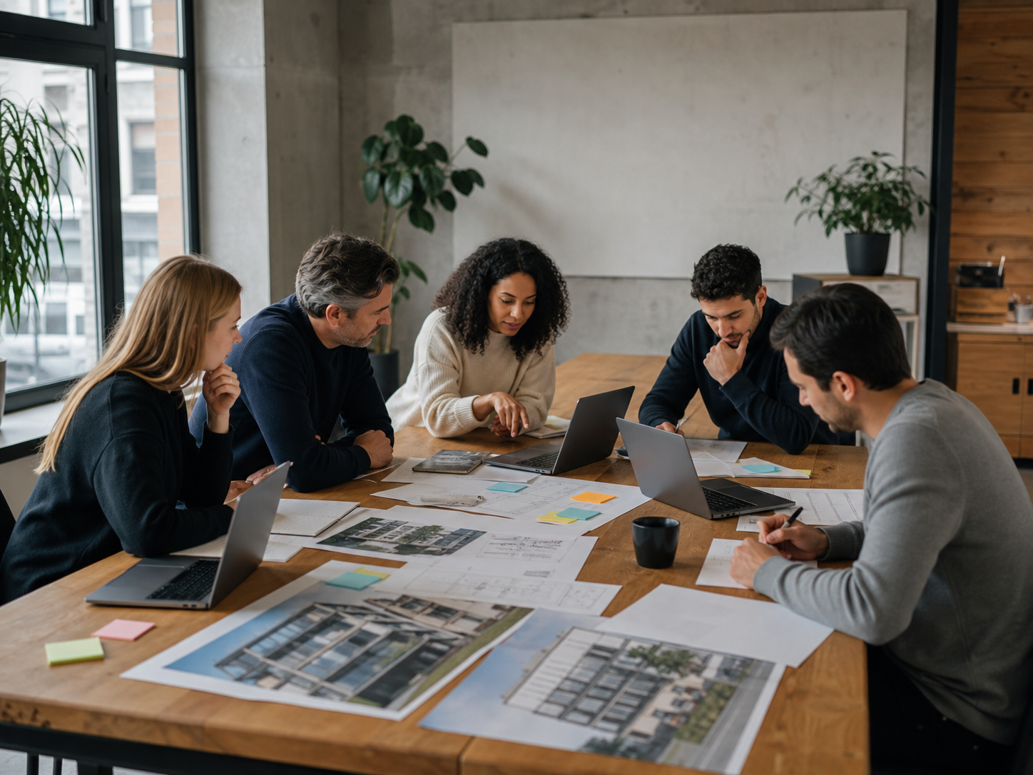KI-generiertes Illustrationsbild eines Teams bei der Arbeit an Immobilienunterlagen
